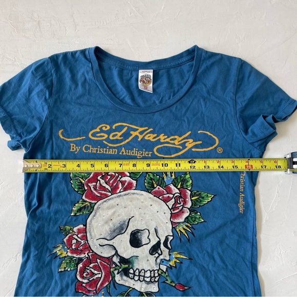 Ed Hardy Skull Rose Blue Tee Rhinestone by Christian Audigier Size M - Picture 4 of 11